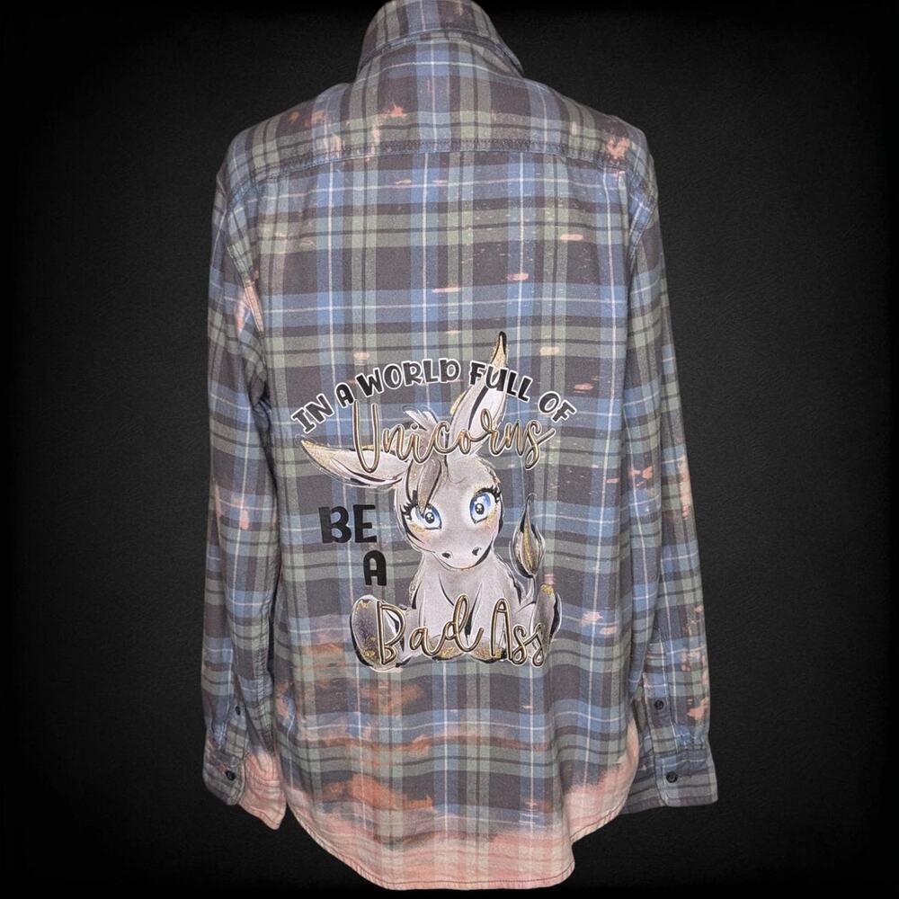 Cute Donkey Flannel Shirt, World of Unicorns Be a Bada*s Shirt, Medium